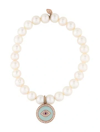 Pre-owned Sydney Evan 14k Diamond, Pearl & Amethyst Evil Eye Bracelet, 6.25" In Blue