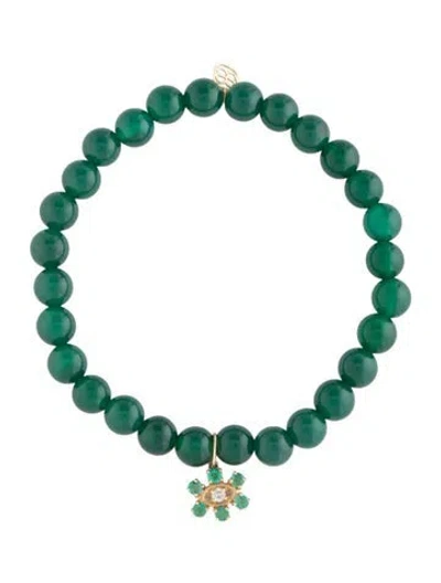 Pre-owned Sydney Evan 14k Dyed Chalcedony, Emerald & Diamond Charm Stretch Bracelet, 6.75" In Multi