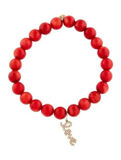 Pre-owned Sydney Evan 14k Dyed Coral & & Diamond Love Script Charm Bracelet, 6.5" In Multicolor