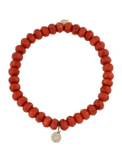 Pre-owned Sydney Evan 14k Dyed Coral & Diamond Disc Charm Bracelet, 6.25" In Multi