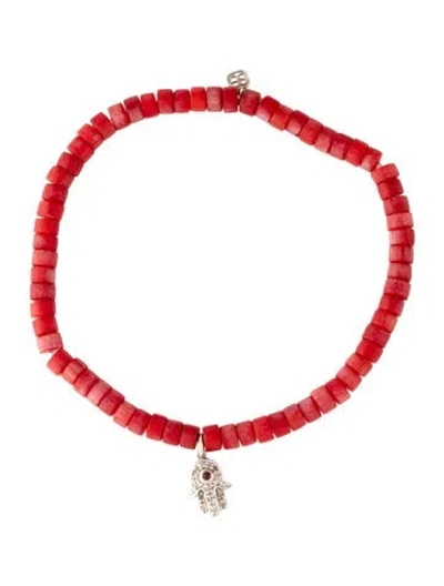 Pre-owned Sydney Evan 14k Dyed Coral, Diamond & Ruby Hand Charm Bead Bracelet, 6.75" In Multicolor