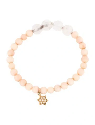 Pre-owned Sydney Evan 14k Dyed Coral, Quartz & Diamond Star Bead Bracelet, 6" In Multi