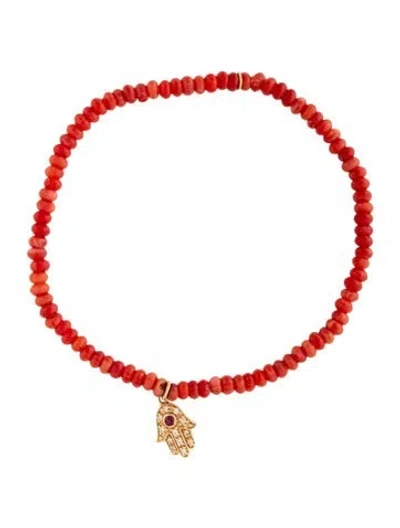 Pre-owned Sydney Evan 14k Dyed Coral, Ruby & Diamond Hamsa Charm Bracelet, 6.25" In Multicolor