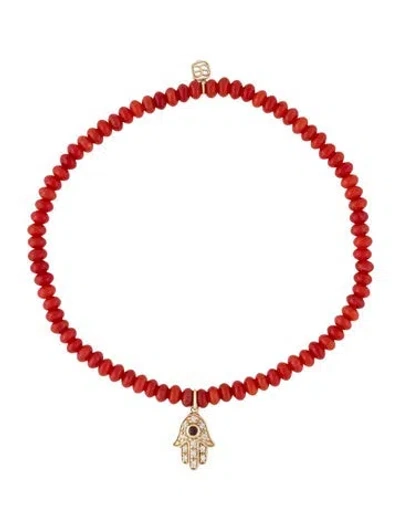 Pre-owned Sydney Evan 14k Dyed Coral, Ruby & Diamond Hamsa Charm Bracelet, 6.25" In Multicolor