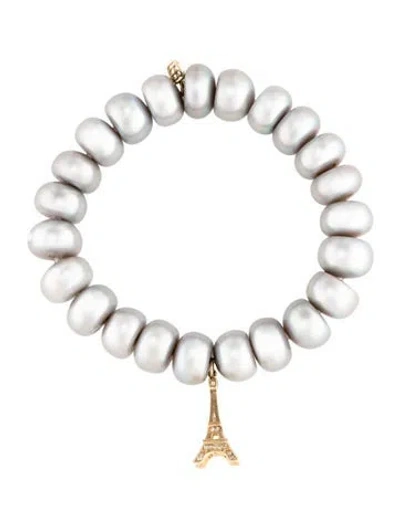 Pre-owned Sydney Evan 14k Dyed Pearl Stretch Eiffel Tower Bead Charm Bracelet, 7" In Grey