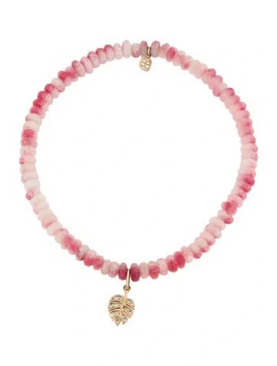 Pre-owned Sydney Evan 14k Dyed Quartzite & Diamond Tiny Monstera Leaf Charm Beaded Bracelet, 6.5", 6.5" In Multicolor