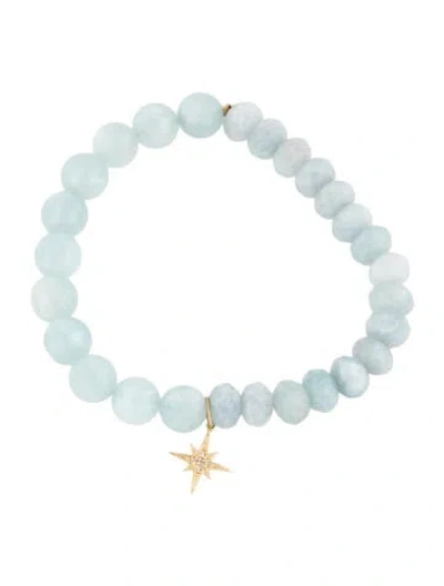 Pre-owned Sydney Evan 14k Dyed Quartzite, Aquamarine, & Diamond Star Charm Bead Bracelet, 6.5", 6.5" In Multicolor