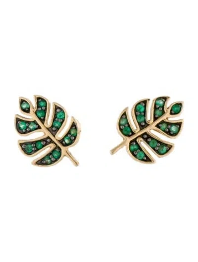 Pre-owned Sydney Evan 14k Emerald Tiny Monstera Leaf Studs In Multi