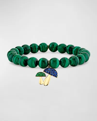 Sydney Evan 14k Gold Beaded Bracelet With Large Mushroom Emerald And Sapphire Charm In Green