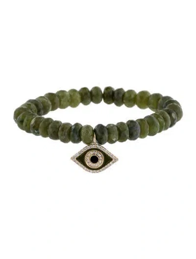 Pre-owned Sydney Evan 14k Idocrase, Diamond & Enamel Evil Eye Charm Bead Bracelet, 6" In Multi