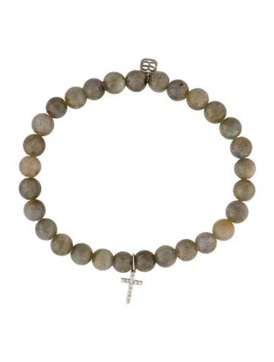 Pre-owned Sydney Evan 14k Labradorite & Diamond Cross Charm Bead Bracelet, 6.25" In Multicolor