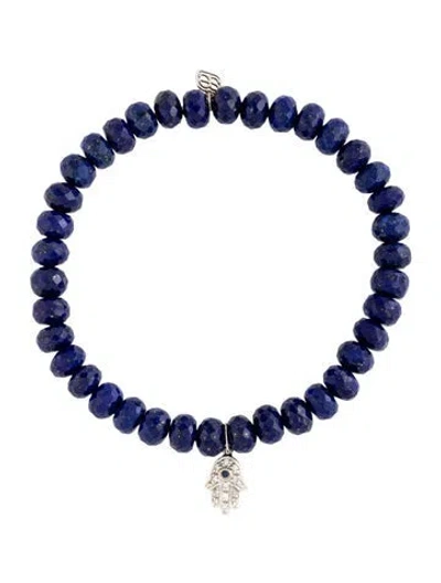 Pre-owned Sydney Evan 14k Lapis Lazuli, Sapphire & Diamond Hamsa Bead Bracelet, 6.25" In Multicolor