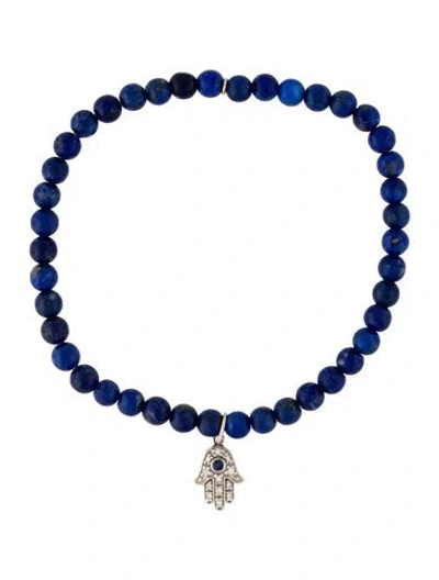 Pre-owned Sydney Evan 14k Lapis Lazuli, Sapphire & Diamond Hamsa Bead Charm Bracelet, 6.25" In Multicolor