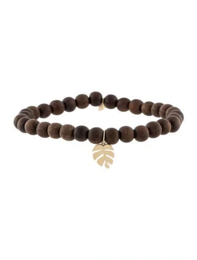 Pre-owned Sydney Evan 14k Monstera Leaf & Wooden Bead Charm Bracelet, 6" In Multi