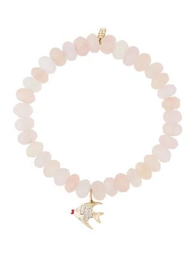 Pre-owned Sydney Evan 14k Morganite-bead With Diamond Fish Charm Bracelet, 6.25" In Red