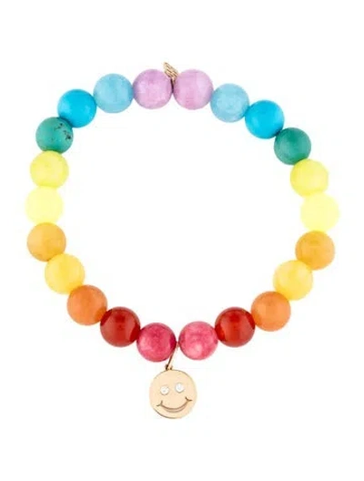 Pre-owned Sydney Evan 14k Multi-stone & Diamond Happy Face Bead Charm Bracelet, 6.5" In Multicolor