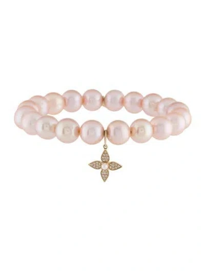 Pre-owned Sydney Evan 14k Pearl & Diamond Charm Bracelet, 6.5" In Multi