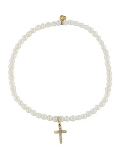 Pre-owned Sydney Evan 14k Pearl & Diamond Cross Bead Bracelet, 6.25" In Multi