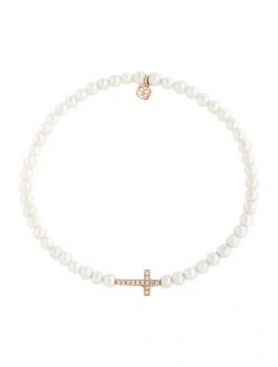 Pre-owned Sydney Evan 14k Pearl & Diamond Cross Bead Bracelet, 6.25" In Multicolor