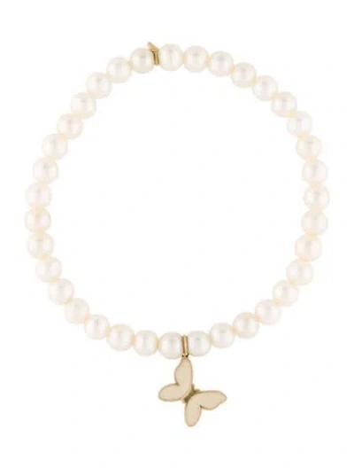 Pre-owned Sydney Evan 14k Pearl & Enamel Butterfly Bead Charm Bracelet, 6.5", 6.5" In White