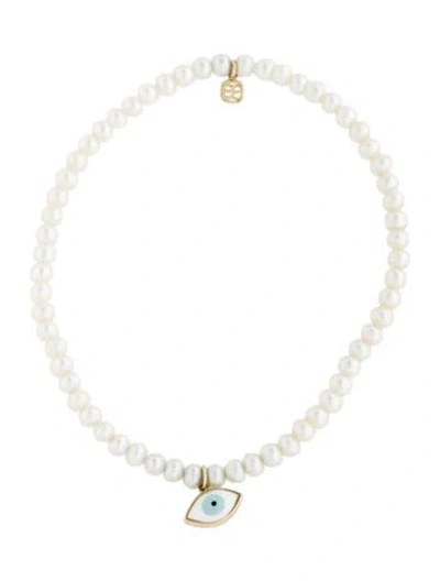 Pre-owned Sydney Evan 14k Pearl & Enamel Evil Eye Bead Bracelet, 6.25" In Black/blue/white