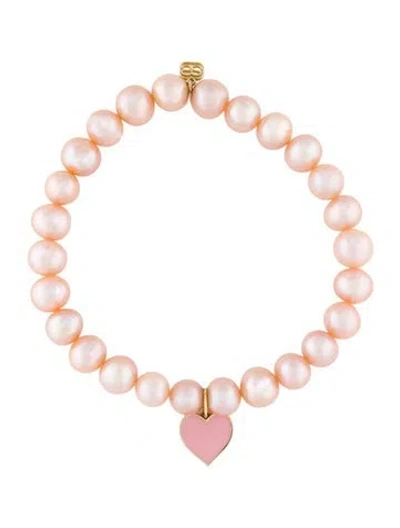 Pre-owned Sydney Evan 14k Pearl & Enamel Heart Bead Bracelet, 6" In Pink