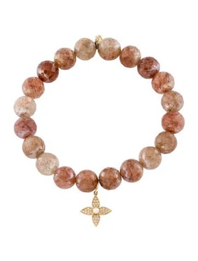 Pre-owned Sydney Evan 14k Pearl, Coated Sagenitic Quartz & Diamond Flower Charm Bracelet, 6.25", 6.25" In Multi