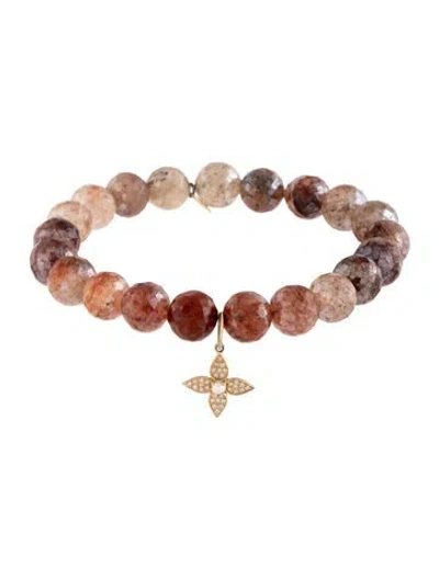 Pre-owned Sydney Evan 14k Pearl, Diamond & Sagenitic Quartz Beaded Charm Bracelet, 6.5" In Multicolor