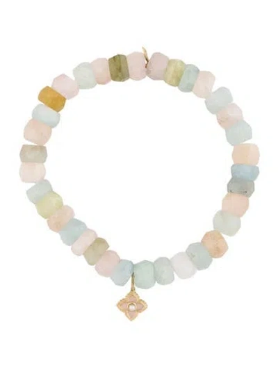 Pre-owned Sydney Evan 14k Pearl, Morganite, Aquamarine & Enamel Moroccan Flower Bracelet, 6.25" In Multi