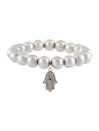 Pre-owned Sydney Evan 14k Pearl, Sapphire & Pearl Hamsa Charm Bead Bracelet, 6.25" In Multicolor