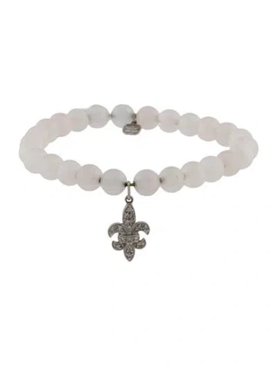 Pre-owned Sydney Evan 14k Rose Quartz & Diamond Fleur De Lis Charm Bracelet, 6" In Multi