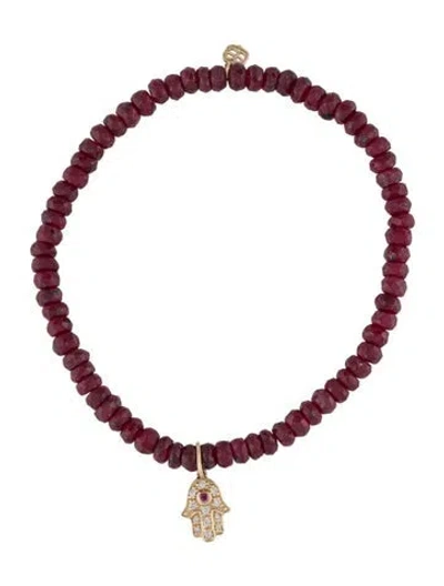 Pre-owned Sydney Evan 14k Ruby & Diamond Hamsa Charm Bead Bracelet, 6" In Multi