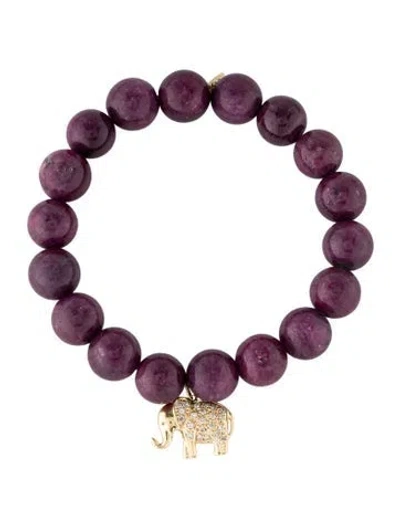 Pre-owned Sydney Evan 14k Ruby Bead & Diamond Elephant Charm Bracelet, 6.25" In Multi