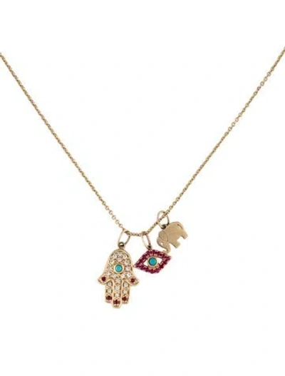 Pre-owned Sydney Evan 14k Ruby, Turquoise & Diamond Multi Pendant Necklace, 18" In Multicolor