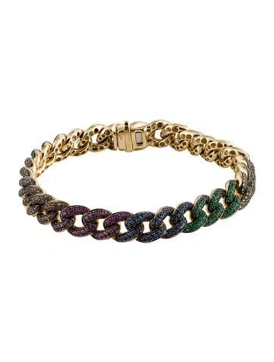 Pre-owned Sydney Evan 14k Sapphire, Ruby, And Emerald Rainbow Pavé Curb Link Bracelet, 6.5" In Multi