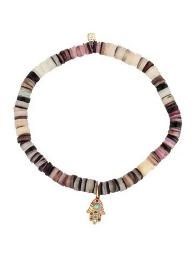 Pre-owned Sydney Evan 14k Shell, Dyed Mother Of Pearl, & Multistone Rainbow Hamsa Bead Bracelet, 6" In Multicolor
