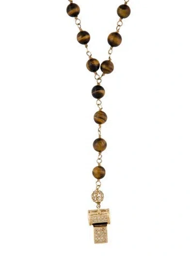 Pre-owned Sydney Evan 14k Tiger's Eye & Diamond Rosary Whistle Pendant Necklace, 26" In Multi