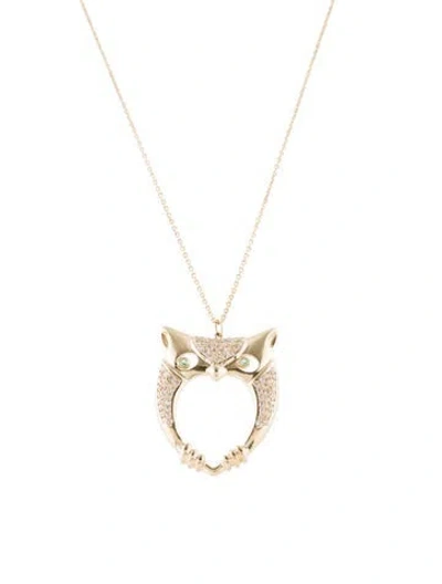 Pre-owned Sydney Evan 14k Tsavorite Garnet & Diamond Owl Pendant Necklace, 24.25" In Multi