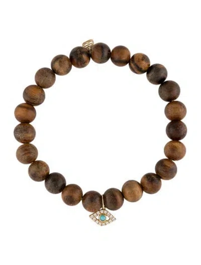 Pre-owned Sydney Evan 14k Wood, Turquoise & Diamond Evil Eye Bracelet, 6" In Multi