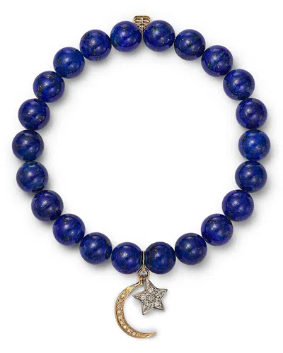 Sydney Evan 14k Yellow & White Gold Lapis Lazuli Beaded Diamond Celestial Charm Stretch Bracelet In Gold/blue