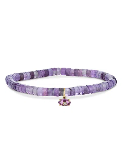 Sydney Evan 14k Yellow Gold Amethyst & Diamond Evil Eye Charm Light Amethyst Heishi Beaded Stretch Bracelet In Purple