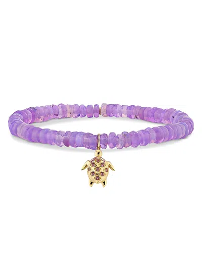 Sydney Evan 14k Yellow Gold Amethyst Turtle Charm Purple Ethiopian Opal Beaded Stretch Bracelet In Multi