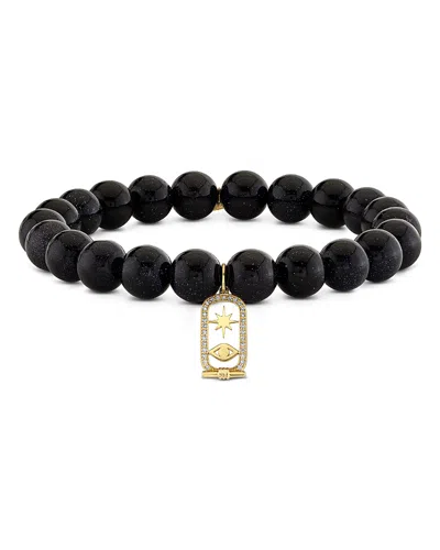 Sydney Evan 14k Yellow Gold Blue Goldstone Bead & Diamond Protective Eye Charm Bracelet In Multi