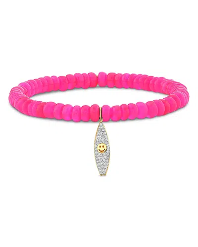 Sydney Evan 14k Yellow Gold California Hot Pink Ethiopian & Diamond Surfboard Charm Stretch Bracelet - Exclusive