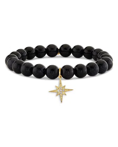 Sydney Evan 14k Yellow Gold Celestial Diamond & Blue Goldstone Beaded Starburst Charm Bracelet In Black