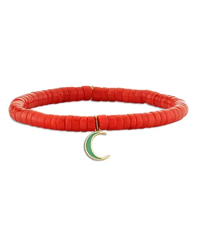 Sydney Evan 14k Yellow Gold Coral Heishi Bead & Enamel Moon Charm Stretch Bracelet
