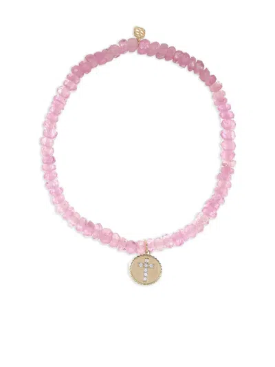 Sydney Evan 14k Yellow Gold Cross Coin Sapphire And Diamond Bracelet In Pink