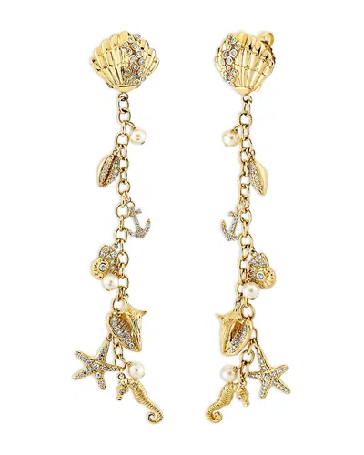 Sydney Evan 14k Yellow Gold Diamond & Cultured Freshwater Pearl Nautical Charm Linear Drop Earrings