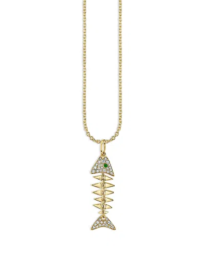 Sydney Evan 14k Yellow Gold Diamond & Emerald Fishbone Pendant Necklace, 16-18