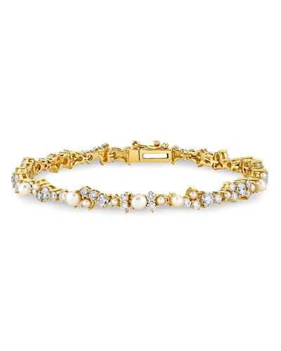 Sydney Evan 14k Yellow Gold Diamond & Freshwater Pearl Cocktail Tennis Bracelet